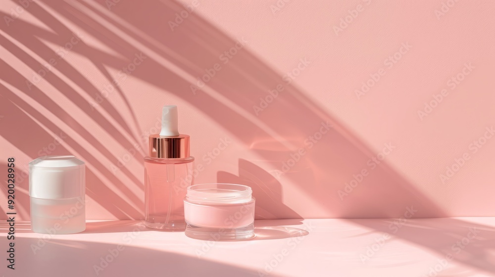 Three bottles of skincare products sit on a pink surface with a soft,  shadow from the sun.