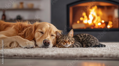 a golden retriever and a tabby cat curled up together on a soft rug in front of a modern fireplace