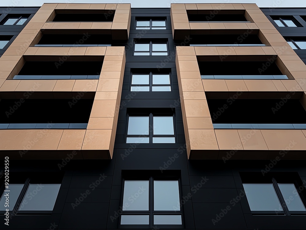 Detailed view of a modern building facade with large windows and structural elements that enhance natural lighting and energy efficiency Detailed view of a modern building facade with large windows and structural elements that enhance natural lighting and energy efficiency