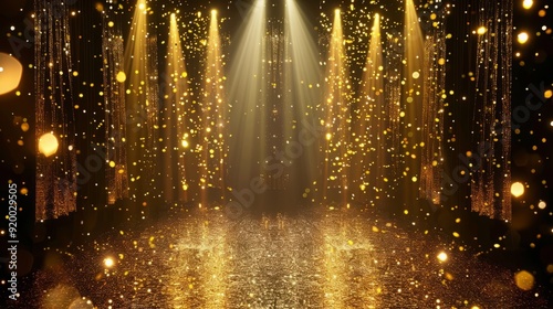 Golden confetti falls in front of a stage with spotlights.