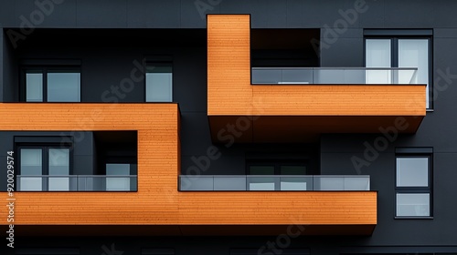 Detailed view of a modern building facade showing structural elements like cantilevers and loadbearing walls photo