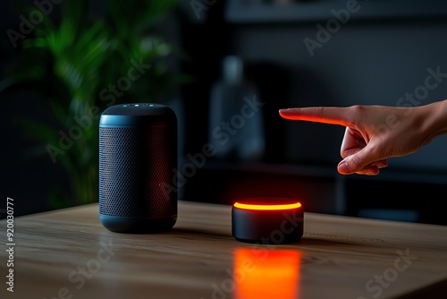 Closeup of a person using a voice command to dim the lights in a living room, with a smart speaker in the background responding, smart home, voicecontrolled lighting photo