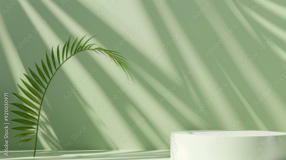 Minimalist Green Background with Palm Leaf and Platform Minimalist Green Background with Palm Leaf and Platform