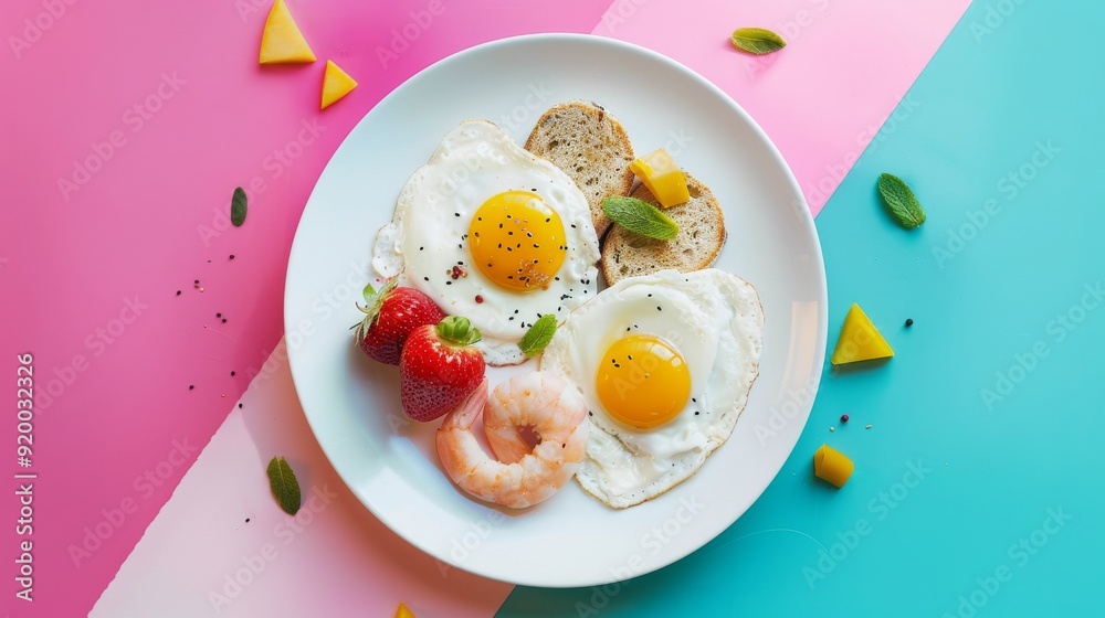 beautiful bright breakfast on a plate on one color background, top view 