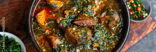 Afang Soup, a traditional dish, enriched with bone broth, palm oil, meats, and seafood. photo