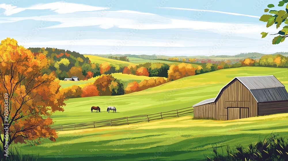 Obraz premium High-Resolution Scenic Countryside Illustration Featuring a Wooden Barn and Grazing Horses in a Lush Green Field with Rolling Hills and Autumn Trees