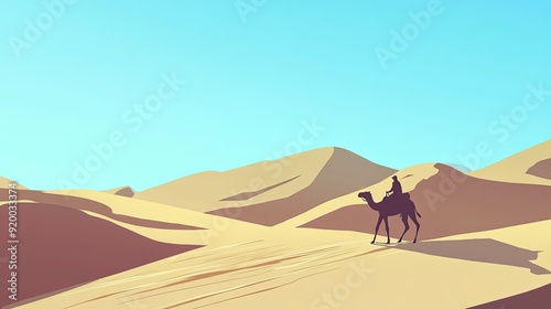 Simple Illustration of a Lone Camel Rider Traveling Across Vast Desert Sand Dunes Under a Clear Blue Sky