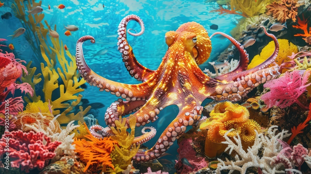 Fototapeta premium Brightly colored giant squid in a colorful underwater coral reef.