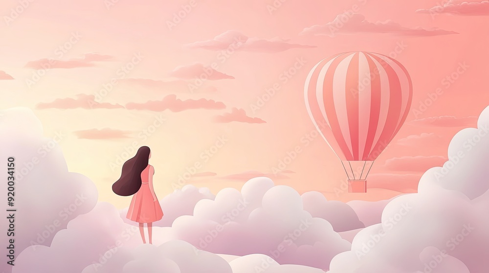 Fototapeta premium Cute Girl and Hot Air Balloon