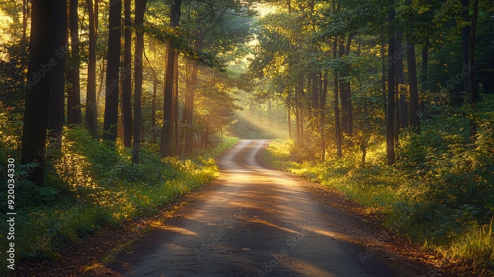 Fototapeta premium Peaceful forest path illuminated by warm sunlight