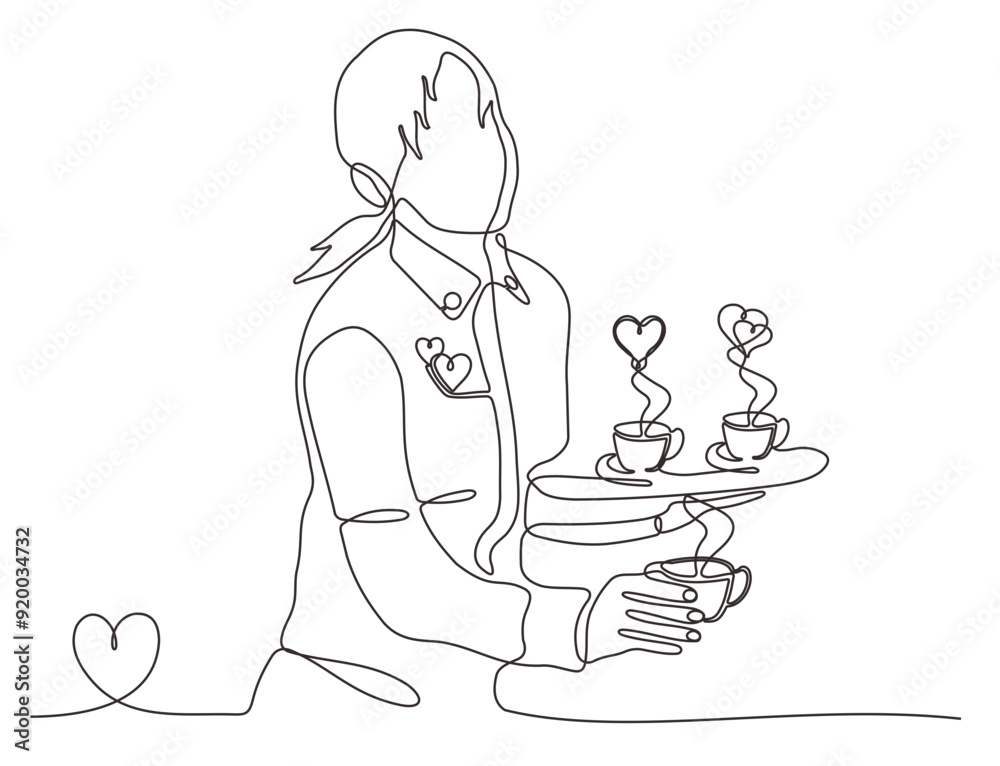 continuous line drawing of a waitress woman holding a tray ordering three cups of coffee for a customer. One line art concept of restaurant worker. Vector illustration continuous line drawing of a waitress woman holding a tray ordering three cups of coffee for a customer. One line art concept of restaurant worker. Vector illustration