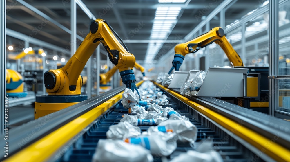 Fototapeta premium Automated robotic arms sorting items on a modern production line