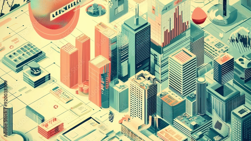 Obraz premium Abstract Isometric Cityscape with Geometric Buildings and Data Visualizations