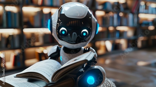 robot reading a book. Robotic cyborg pressing. Banner. Place for text. 3D rendering, blue background. Generative AI