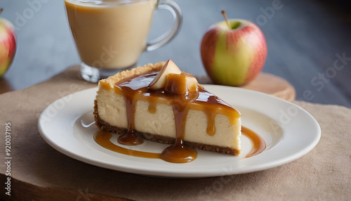 slice of caramel apple cheesecake on a plate