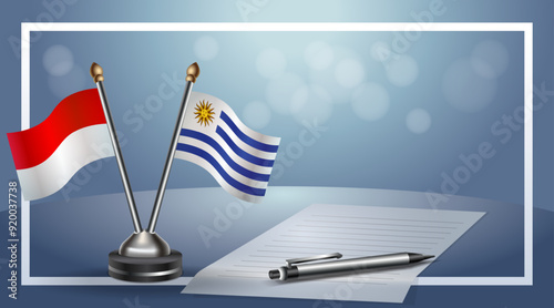 Indonesia and Uruguay Small national flag on bokeh background, cooperative relationship