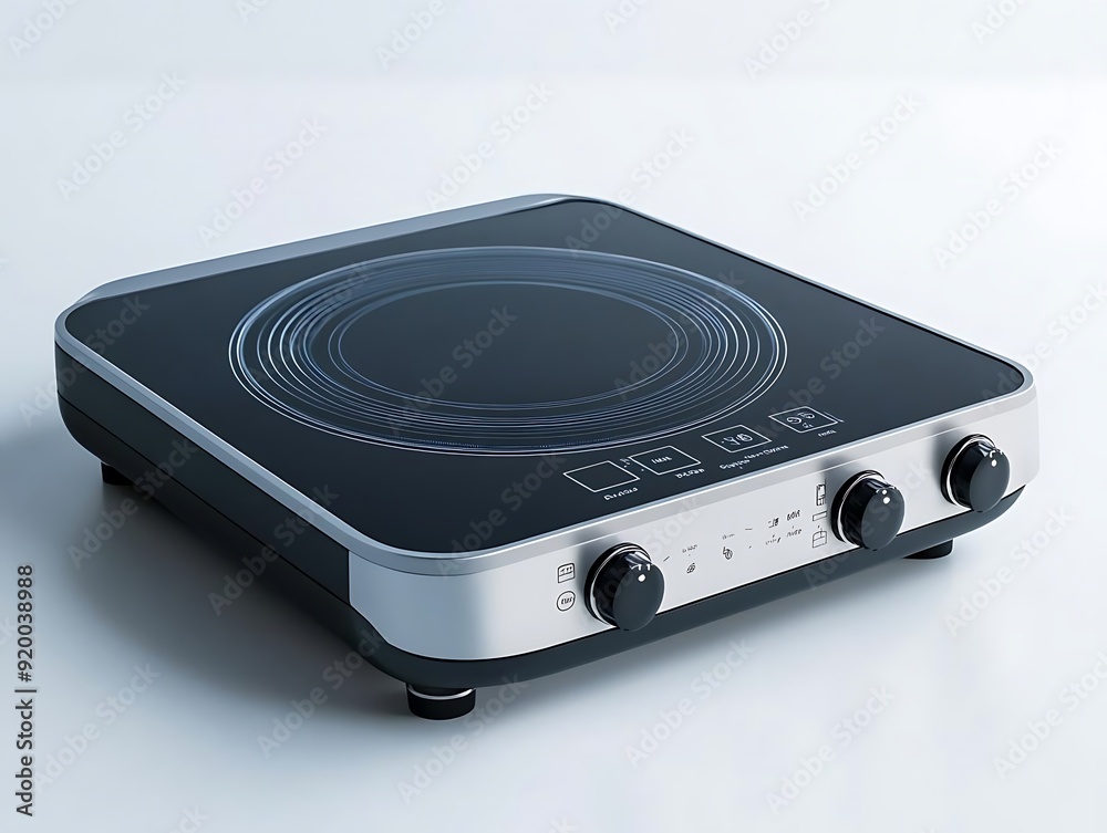 Fototapeta premium Modern Black Electric Stovetop with Silver Trim - Realistic 3D Render