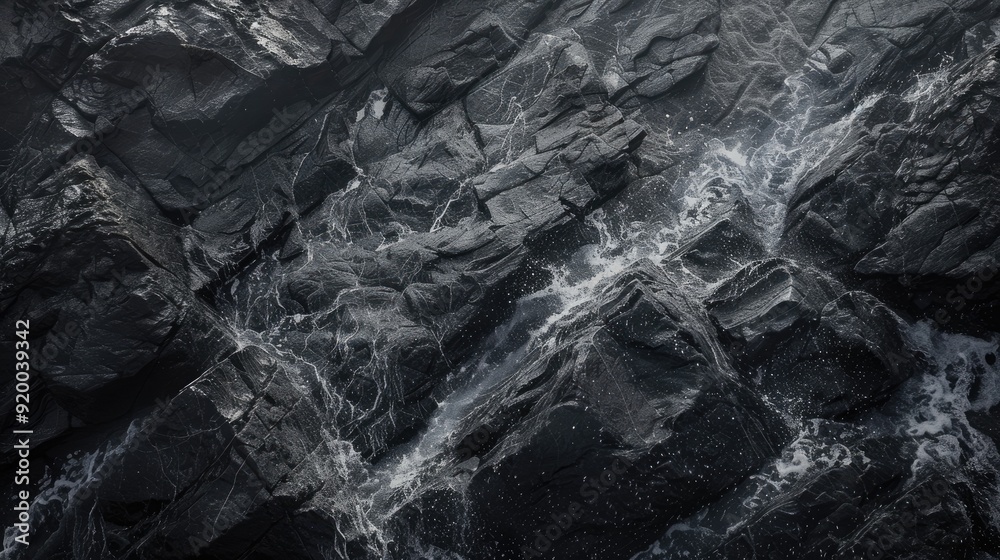 Large and beautiful dark rocks by the ocean's force in close-up view Large and beautiful dark rocks by the ocean's force in close-up view