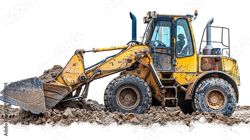 Backhoe loader with front bucket raised, isolated on a white background, photo of loader isolated white background, dualfunction loader photo