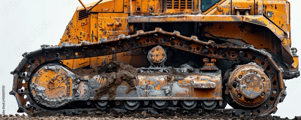 Closeup of a bulldozer s blade and tracks, isolated on a white background, photo of bulldozer isolated white background, construction detail Closeup of a bulldozer s blade and tracks, isolated on a white background, photo of bulldozer isolated white background, construction detail