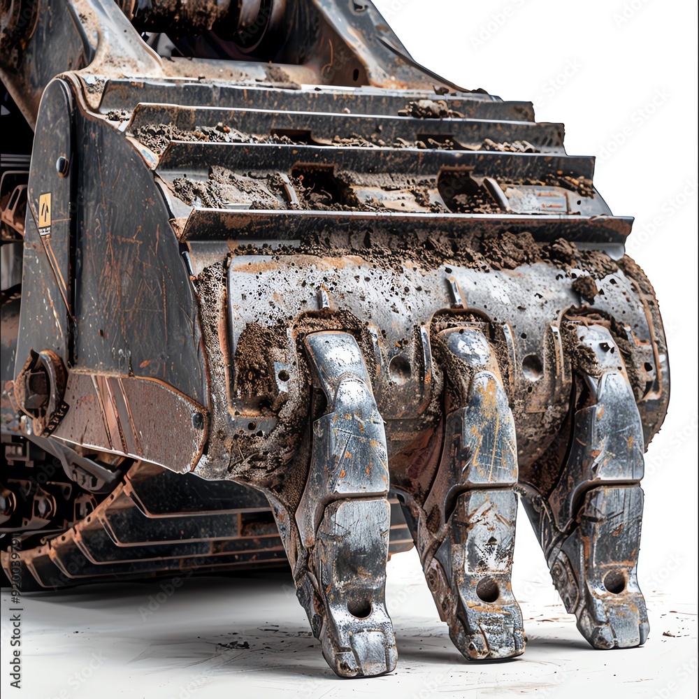 Fototapeta premium Closeup of an excavator s bucket teeth, isolated on a white background, photo of excavator isolated white background, bucket detail