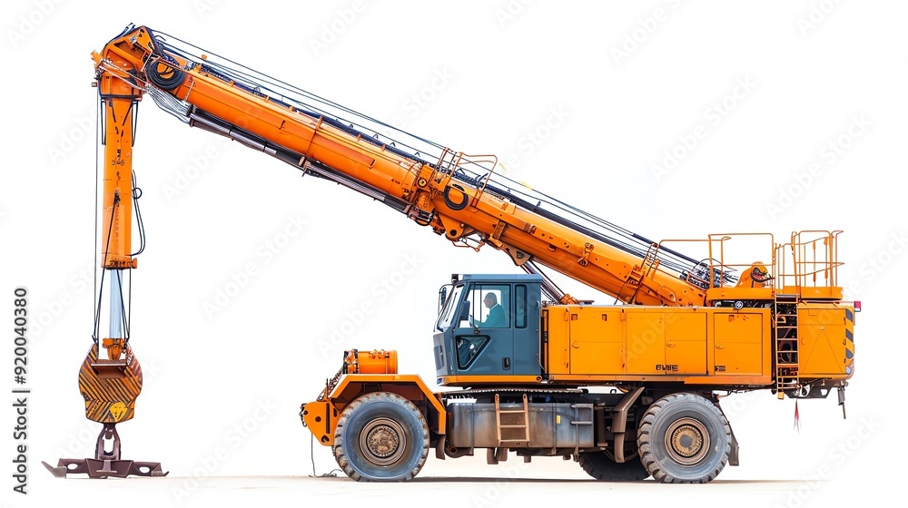 Crane with a rotating cab and boom, isolated on a white background, demonstrating its flexibility, photo of crane isolated white background, rotating crane Crane with a rotating cab and boom, isolated on a white background, demonstrating its flexibility, photo of crane isolated white background, rotating crane