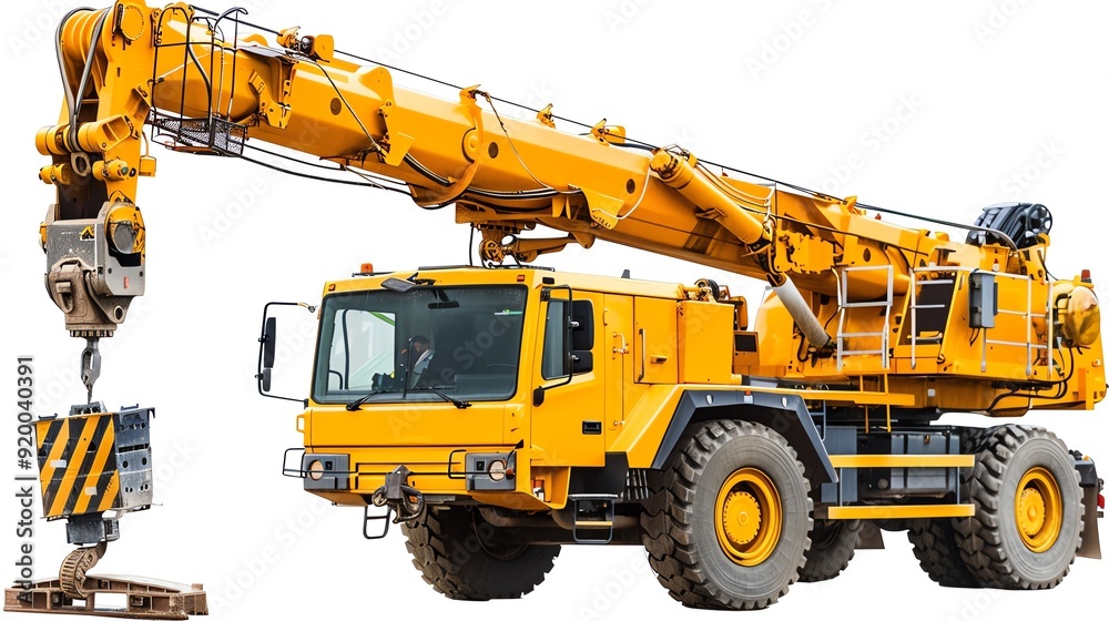 Crane with a suspended load, isolated on white, emphasizing lifting power, photo of crane isolated white background, load handling Crane with a suspended load, isolated on white, emphasizing lifting power, photo of crane isolated white background, load handling