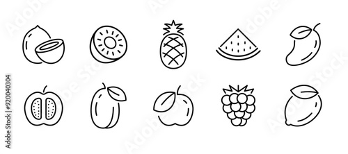 Fruit icon set kiwi pineapple watermelon outline. Fruit icons simple black line mango coconut peach guava.