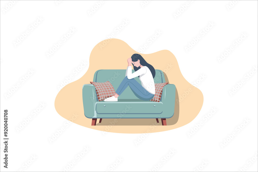 Obraz premium Sad woman sitting on sofa in flat design. unhappy female worrying about her problem.