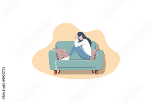 Sad woman sitting on sofa in flat design. unhappy female worrying about her problem.