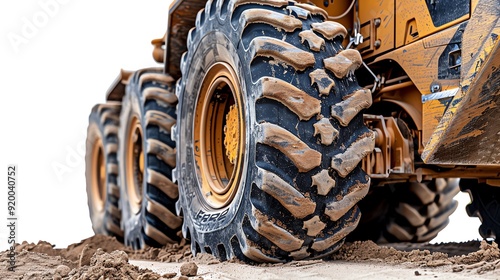 Detailed closeup of a grader s blade and wheels, isolated on white, photo of grader isolated white background, construction detail photo