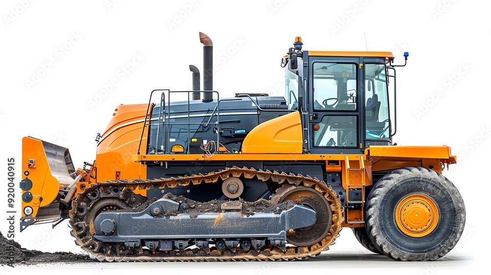 Doubledrum roller compactor with an open operator cabin, isolated on white, photo of compactorroller isolated white background, dual drum feature