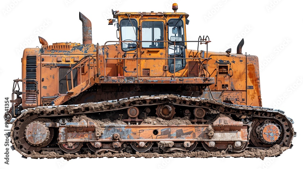 Frontfacing crawler loader with tracks, isolated on white, ready for operation, photo of crawler loader isolated white background, front view machinery Frontfacing crawler loader with tracks, isolated on white, ready for operation, photo of crawler loader isolated white background, front view machinery