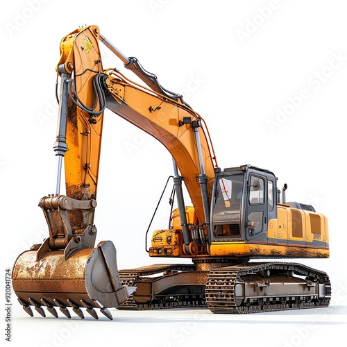 Heavyduty excavator with crawler tracks, positioned diagonally on a white background, photo of excavator isolated white background, industrial machinery