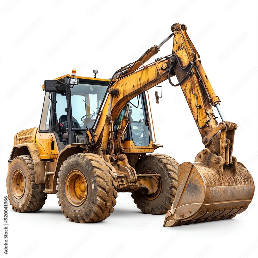 Large backhoe loader with a reinforced rear arm, isolated on white, ideal for heavyduty digging, photo of backhoe loader isolated white background, reinforced arm