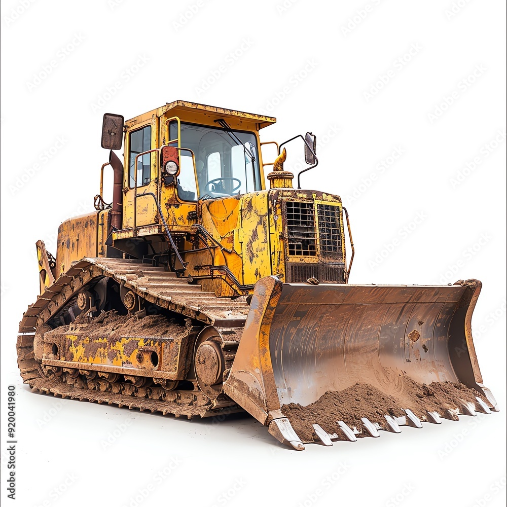 Large bulldozer with a raised ripper, centered on a white background, photo of bulldozer isolated white background, earthmoving equipment Large bulldozer with a raised ripper, centered on a white background, photo of bulldozer isolated white background, earthmoving equipment