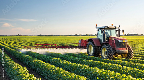 Farming tractor spraying plants in a field