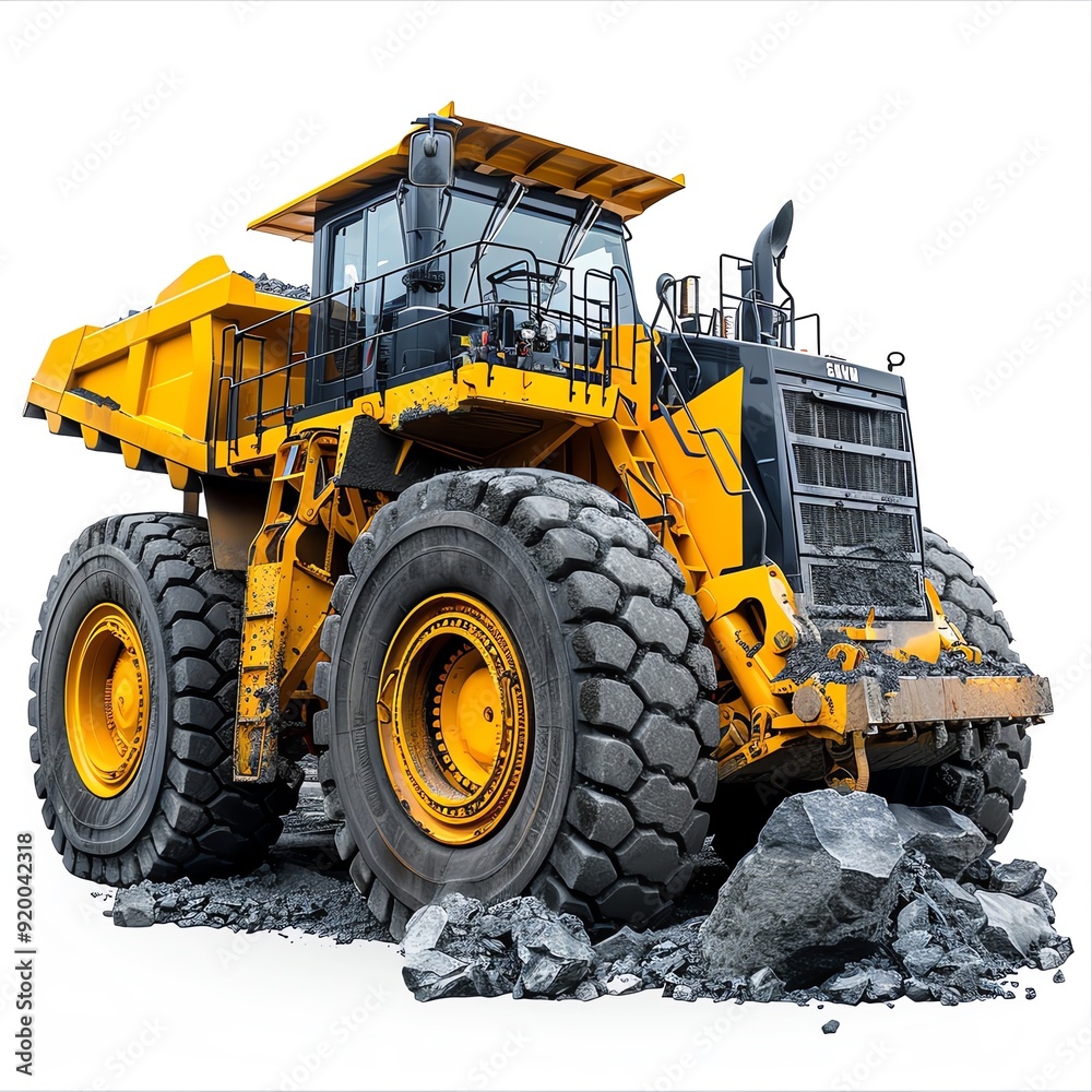 Fototapeta premium Loader with a rock bucket attachment, isolated on white background, photo of loader isolated white background, mining equipment