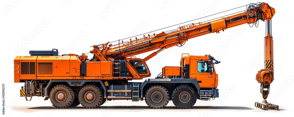Mobile crane with an extended boom, positioned diagonally on a white background, photo of crane isolated white background, mobile crane Mobile crane with an extended boom, positioned diagonally on a white background, photo of crane isolated white background, mobile crane