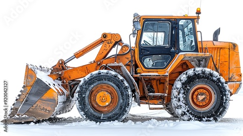 Loader with a snowplow attachment, isolated on white background, photo of loader isolated white background, winter equipment photo