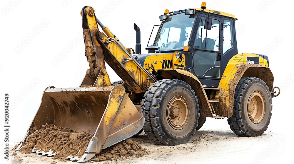 Fototapeta premium Side view of a backhoe loader with a digging bucket, perfectly centered on a white background, photo of backhoe loader isolated white background, earthmoving equipment