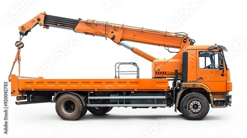 Side view of a crane truck with an articulated arm, isolated on a white background, photo of crane isolated white background, crane truck