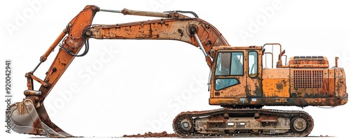 Side view of an excavator with an extended boom, isolated on a white background, photo of excavator isolated white background, construction side view photo