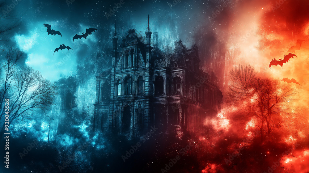 Obraz premium Haunted mansion in a dark and stormy sky, halloween