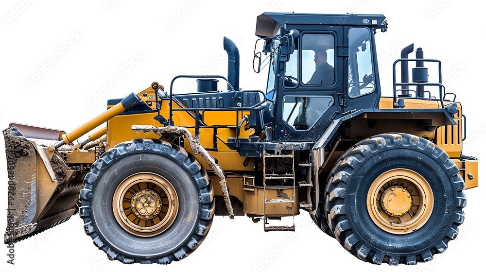 Obraz premium Small grader with rubber tires, isolated on a white background, photo of grader isolated white background, compact machinery