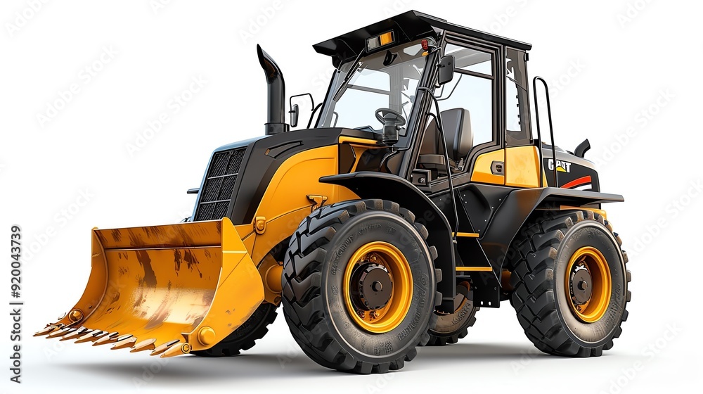 Fototapeta premium Small skidsteer loader with a smooth bucket, isolated on a white background, ideal for landscaping, photo of skidsteer loader isolated white background, landscaping tool