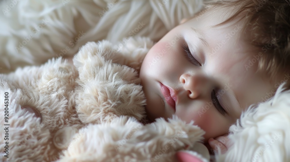 A peaceful baby sleeps soundly in a soft, furry blanket, showcasing innocence, comfort, and warmth in a serene, close-up shot.. A peaceful baby sleeps soundly in a soft, furry blanket, showcasing innocence, comfort, and warmth in a serene, close-up shot..