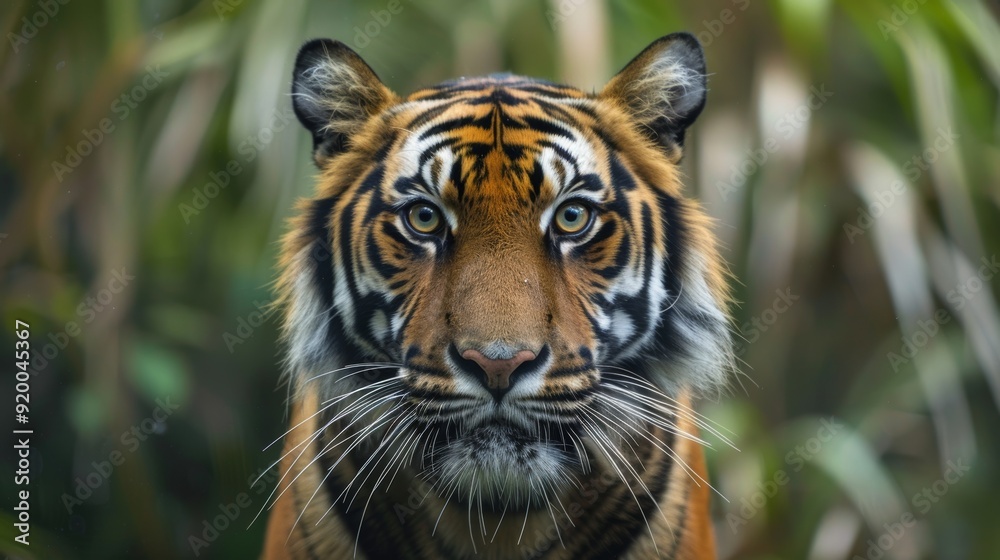 Fototapeta premium A close-up portrait of a majestic tiger staring directly at the camera, showcasing the animal's intense gaze and powerful presence..