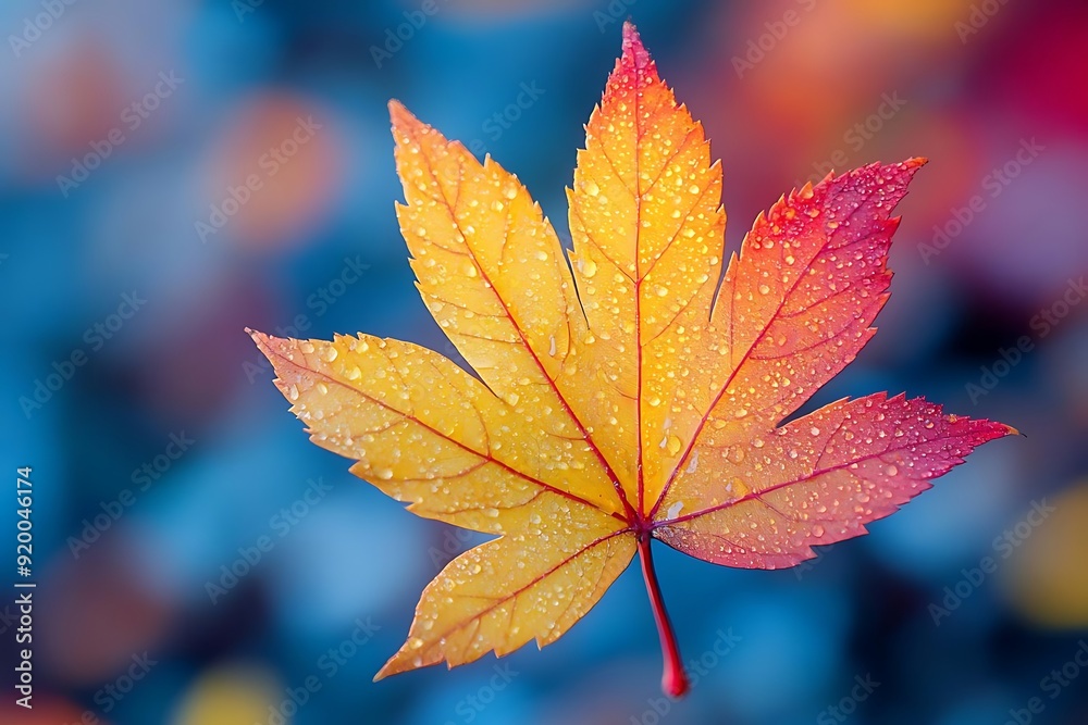 Single Red and Yellow Maple Leaf with Dew Drops - Close-Up Photography Single Red and Yellow Maple Leaf with Dew Drops - Close-Up Photography