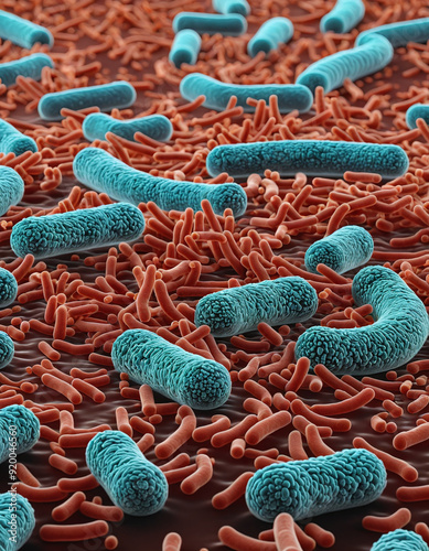 Illustrative color illustration of a microscopic close-up of a bacterial colony on an organic background